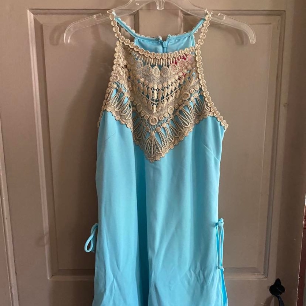 Lilly Pulitzer Sky Blue Romper with Gold Size 2